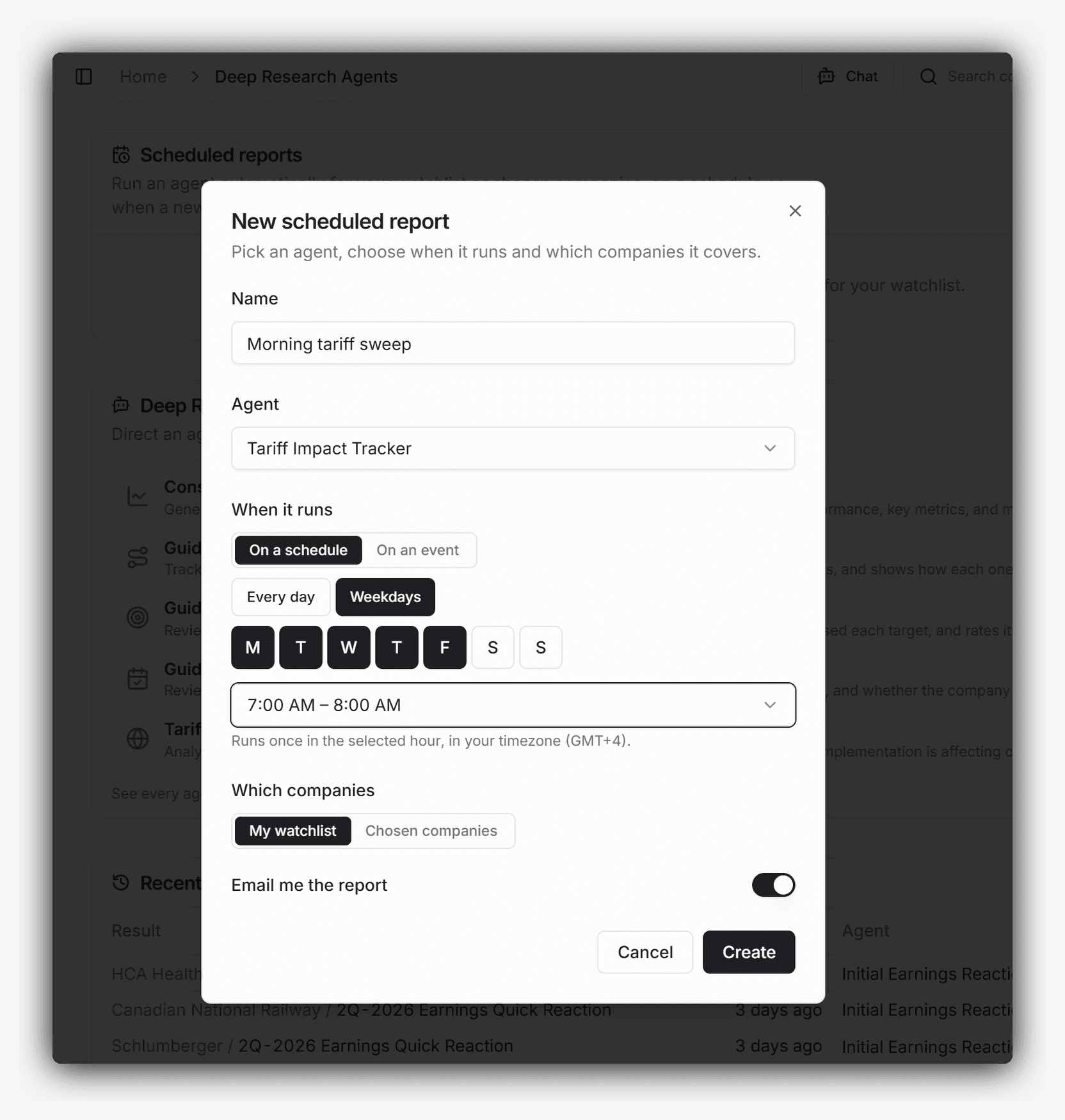 The New scheduled report dialog, filled in: a report named Morning tariff sweep running the Tariff Impact Tracker on a schedule, weekdays in the 7:00 to 8:00 AM window, across the watchlist, with email delivery on