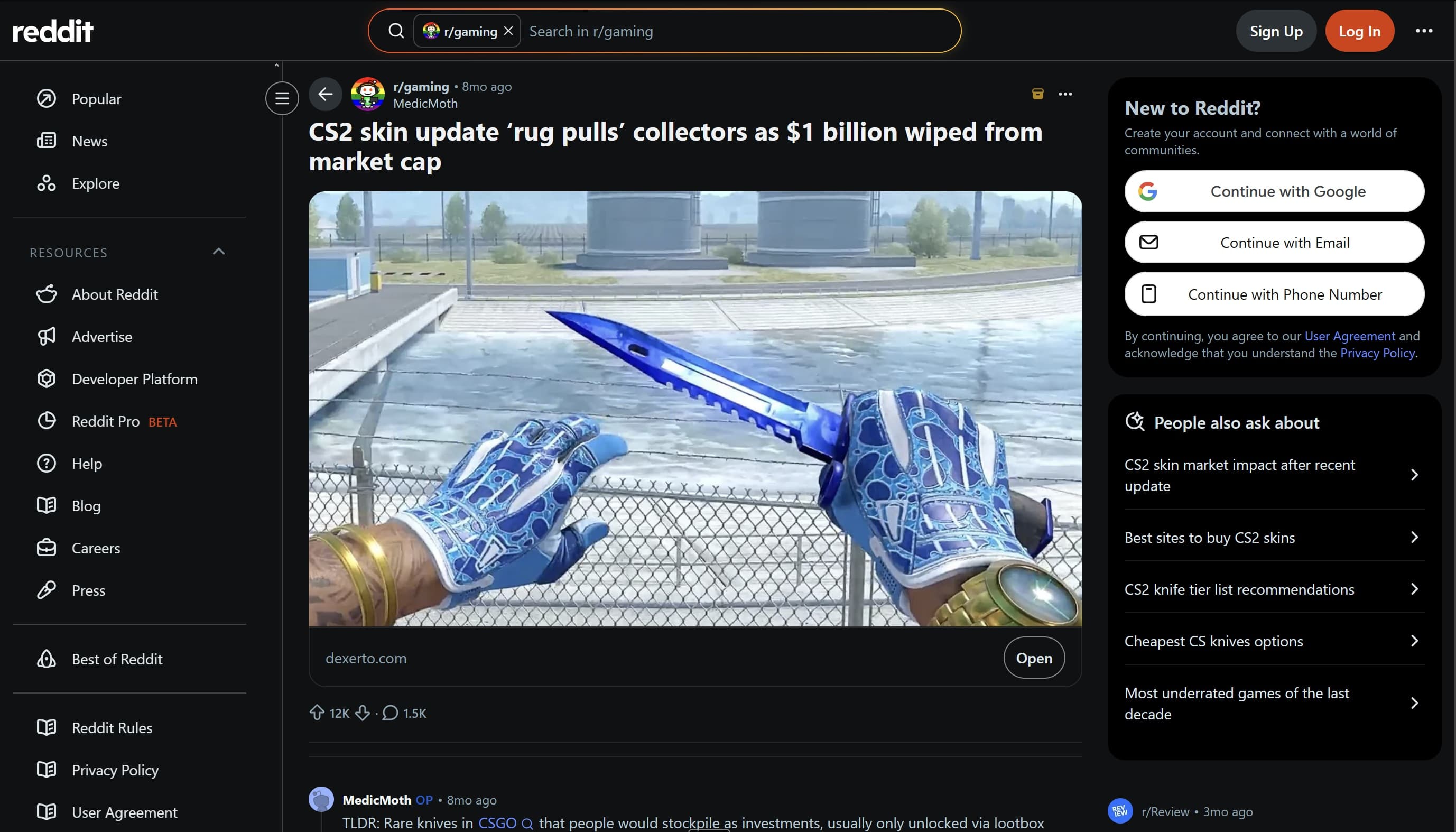 Reddit post on the Counter-Strike 2 skins trade economy