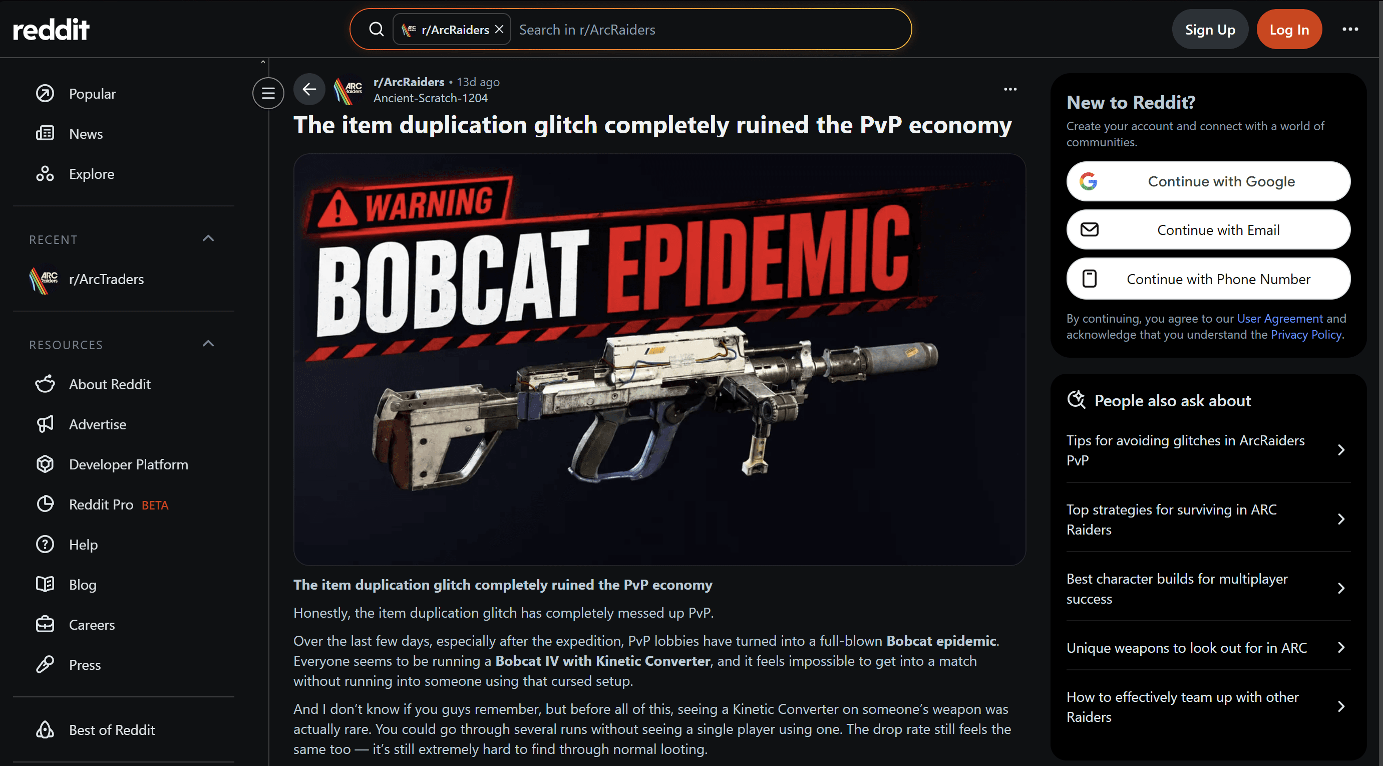 Reddit post surfacing the Arc Raiders weapon duplication glitch